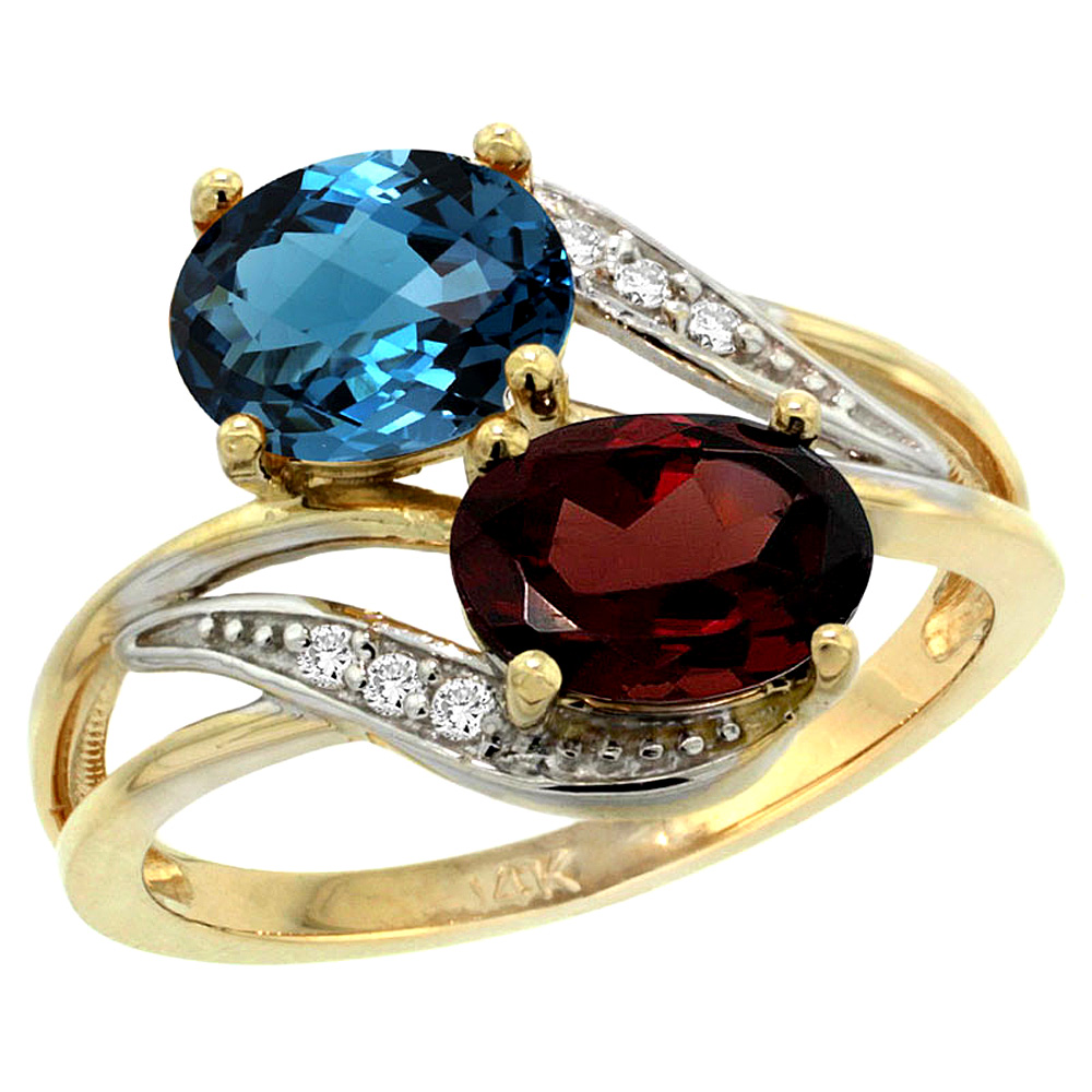 14K Yellow Gold Diamond Natural London Blue Topaz &amp; Garnet 2-stone Ring Oval 8x6mm, sizes 5 - 10