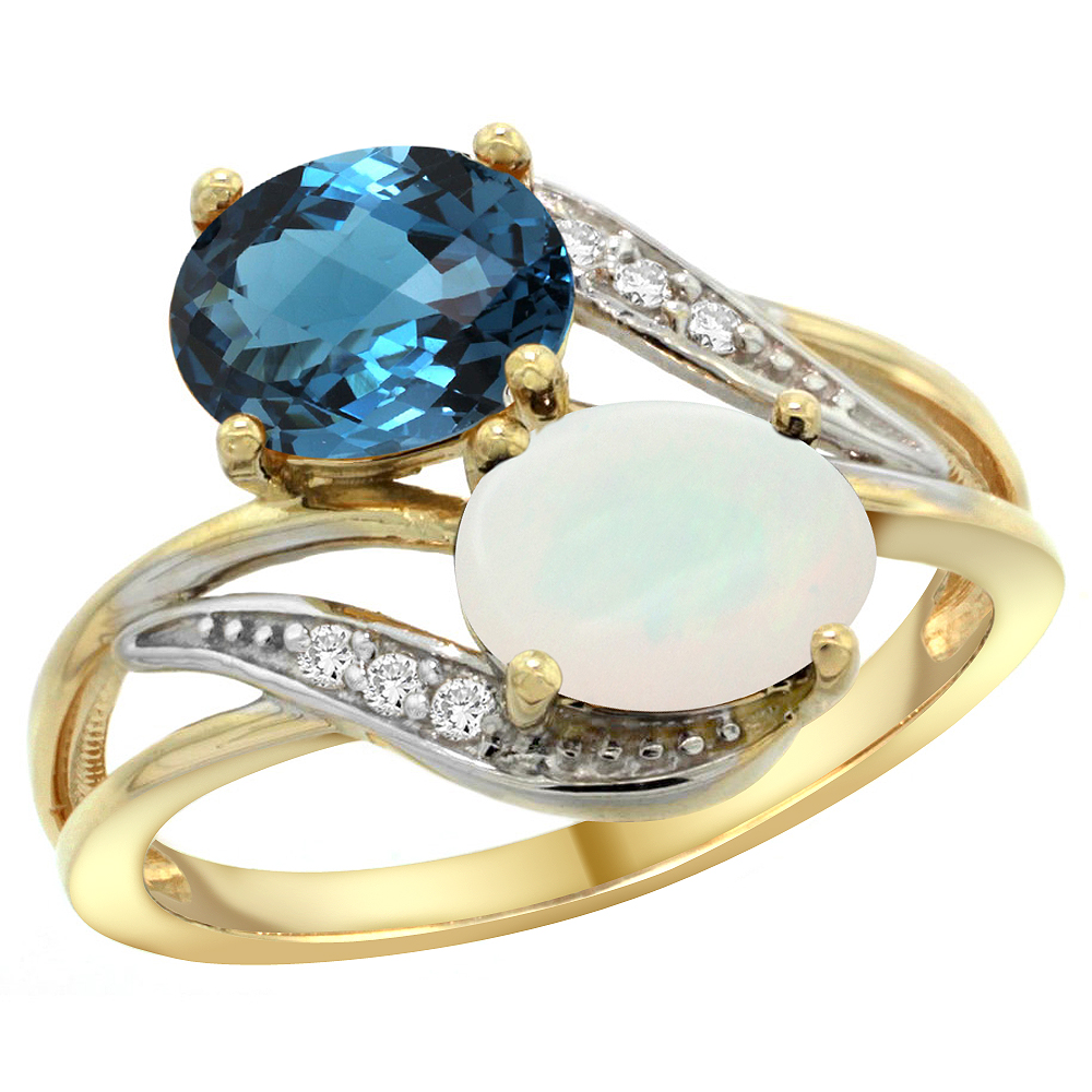 14K Yellow Gold Diamond Natural London Blue Topaz &amp; Opal 2-stone Ring Oval 8x6mm, sizes 5 - 10