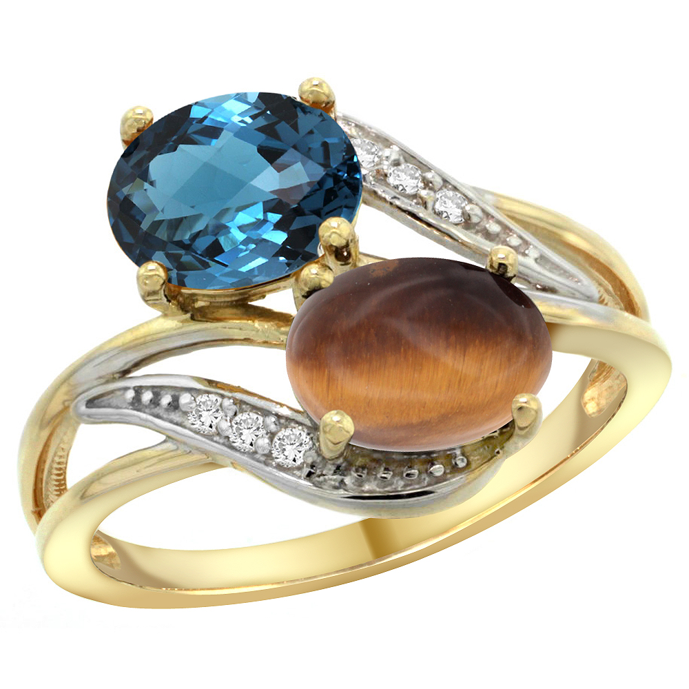 14K Yellow Gold Diamond Natural London Blue Topaz &amp; Tiger Eye 2-stone Ring Oval 8x6mm, sizes 5 - 10