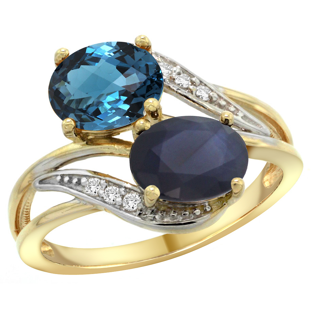 14K Yellow Gold Diamond Natural London Blue Topaz &amp; Australian Sapphire 2-stone Ring Oval 8x6mm, sizes 5 - 10