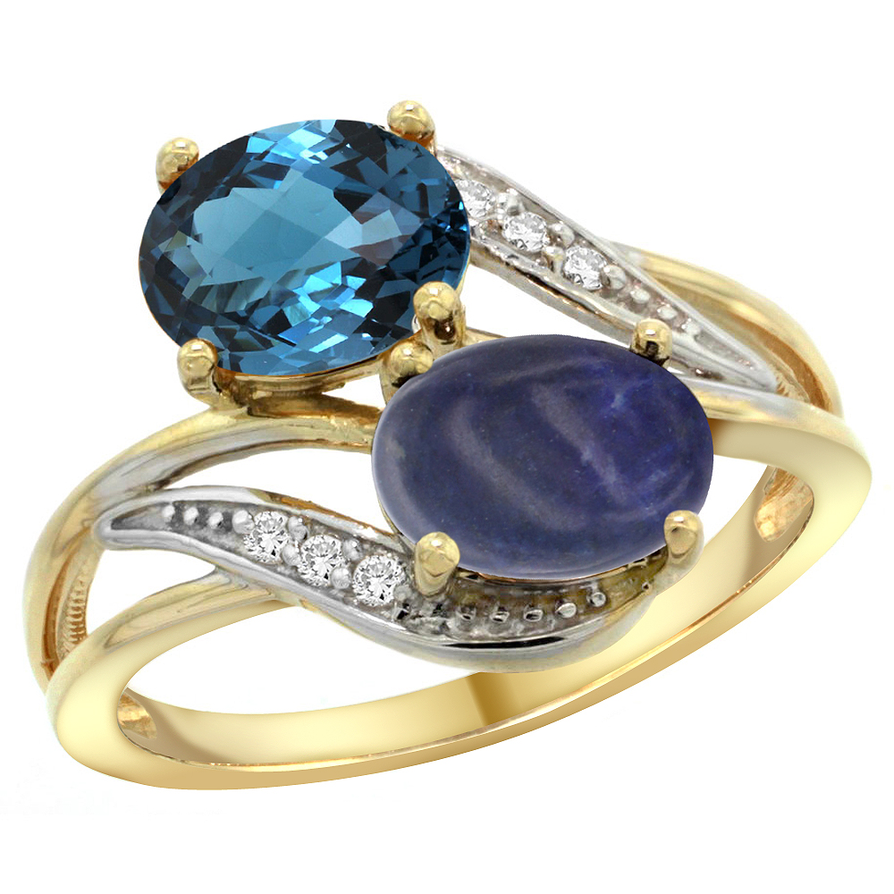 14K Yellow Gold Diamond Natural London Blue Topaz &amp; Lapis 2-stone Ring Oval 8x6mm, sizes 5 - 10