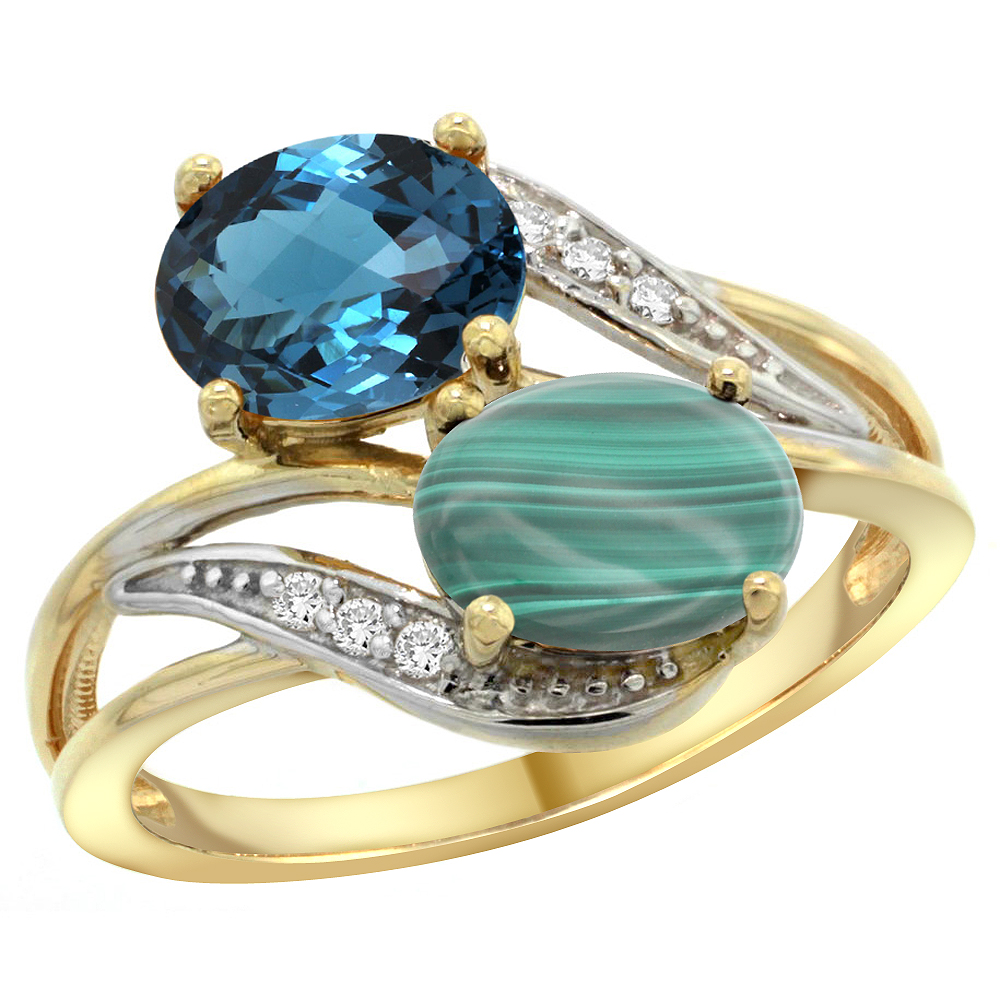 14K Yellow Gold Diamond Natural London Blue Topaz &amp; Malachite 2-stone Ring Oval 8x6mm, sizes 5 - 10