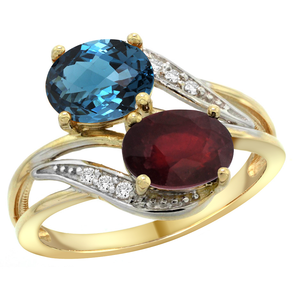 14K Yellow Gold Diamond Natural London Blue Topaz &amp; Quality Ruby 2-stone Mothers Ring Oval 8x6mm,size5-10