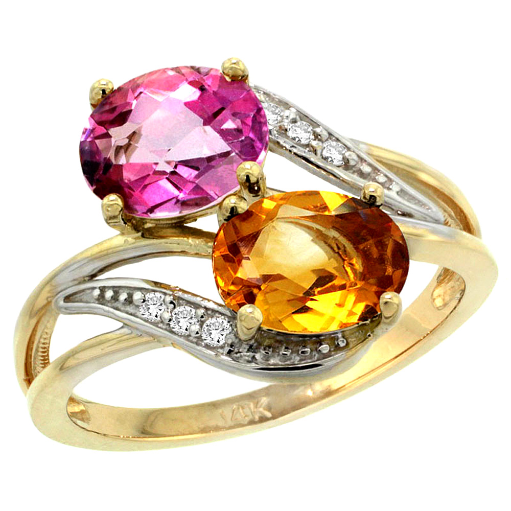 14K Yellow Gold Diamond Natural Pink Topaz &amp; Citrine 2-stone Ring Oval 8x6mm, sizes 5 - 10