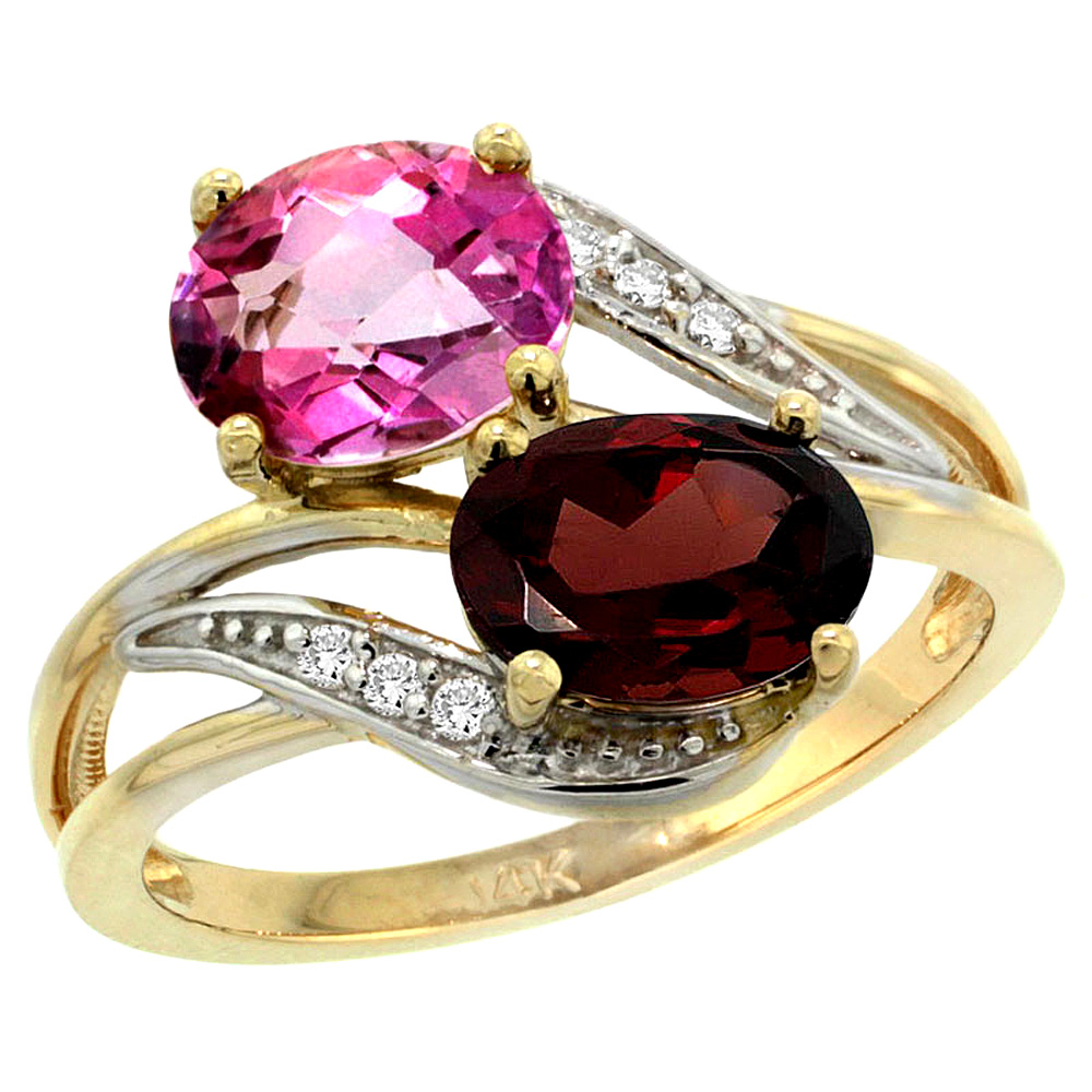 14K Yellow Gold Diamond Natural Pink Topaz &amp; Garnet 2-stone Ring Oval 8x6mm, sizes 5 - 10