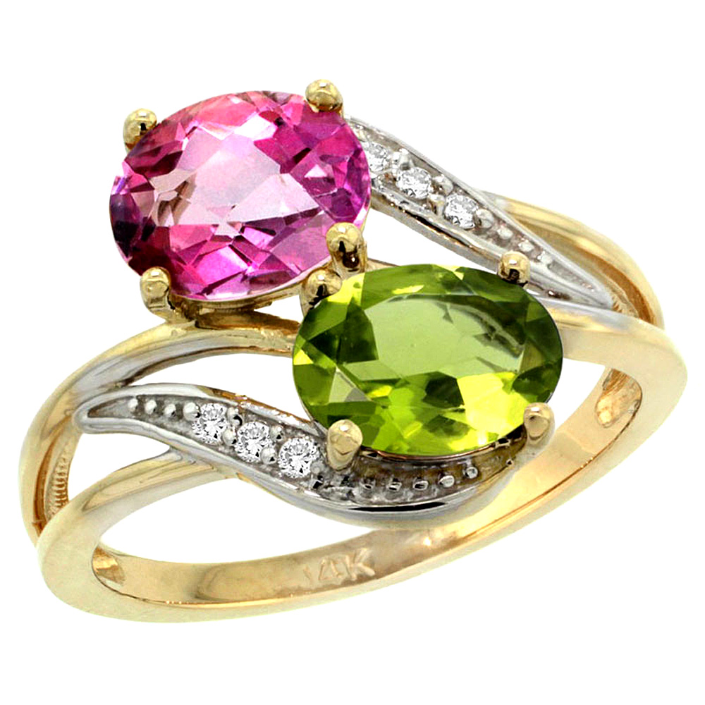 14K Yellow Gold Diamond Natural Pink Topaz &amp; Peridot 2-stone Ring Oval 8x6mm, sizes 5 - 10