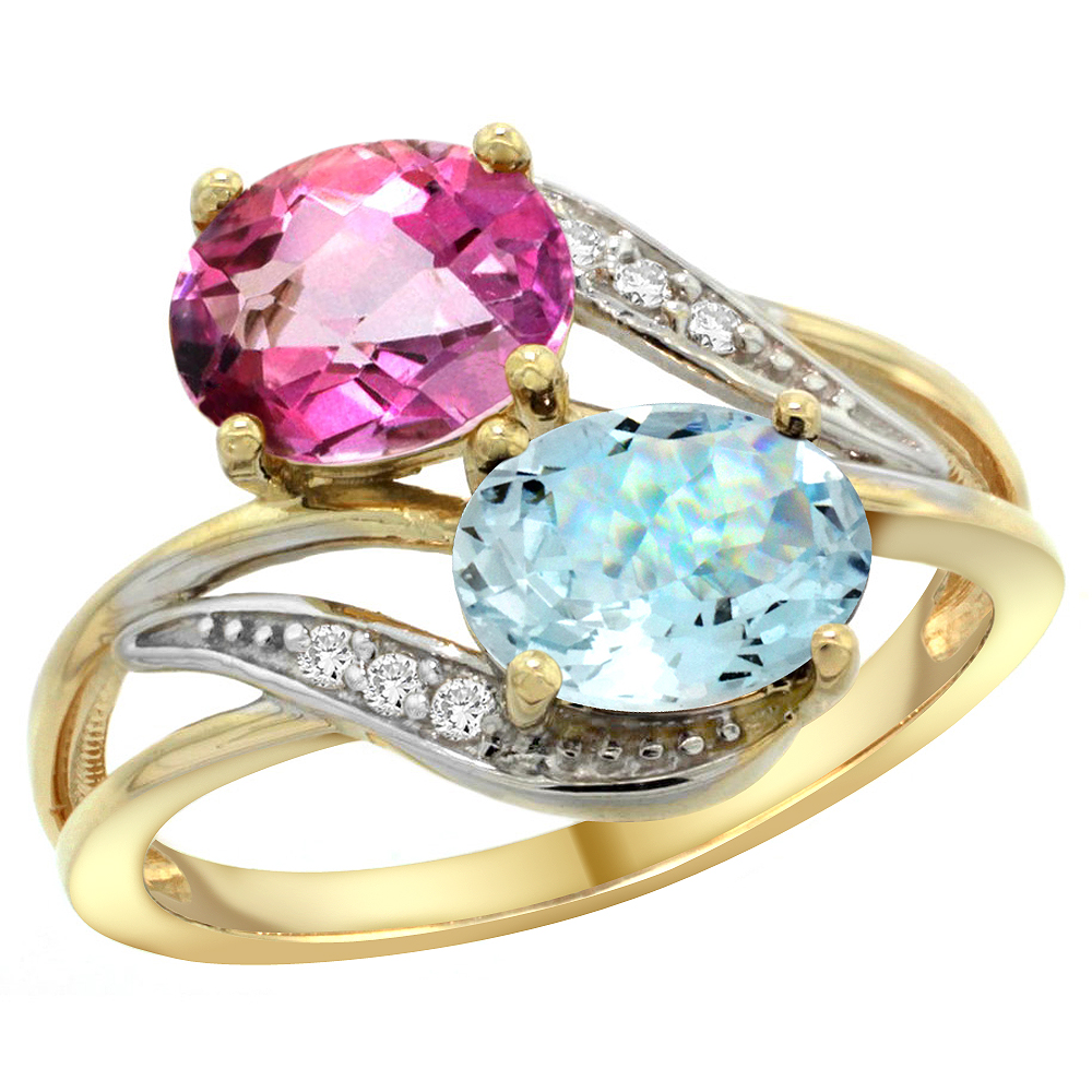 14K Yellow Gold Diamond Natural Pink Topaz &amp; Aquamarine 2-stone Ring Oval 8x6mm, sizes 5 - 10