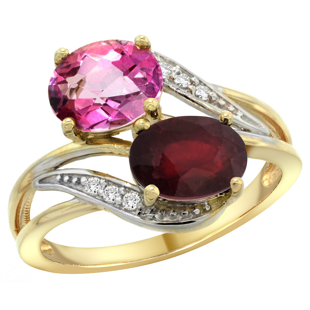 14K Yellow Gold Diamond Natural Pink Topaz &amp; Enhanced Ruby 2-stone Ring Oval 8x6mm, sizes 5 - 10