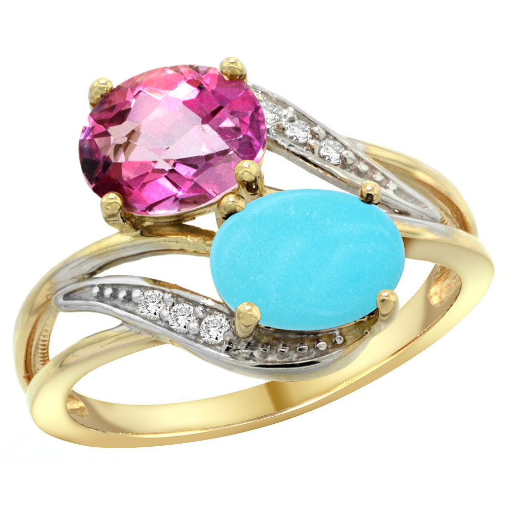 14K Yellow Gold Diamond Natural Pink Topaz &amp; Turquoise 2-stone Ring Oval 8x6mm, sizes 5 - 10