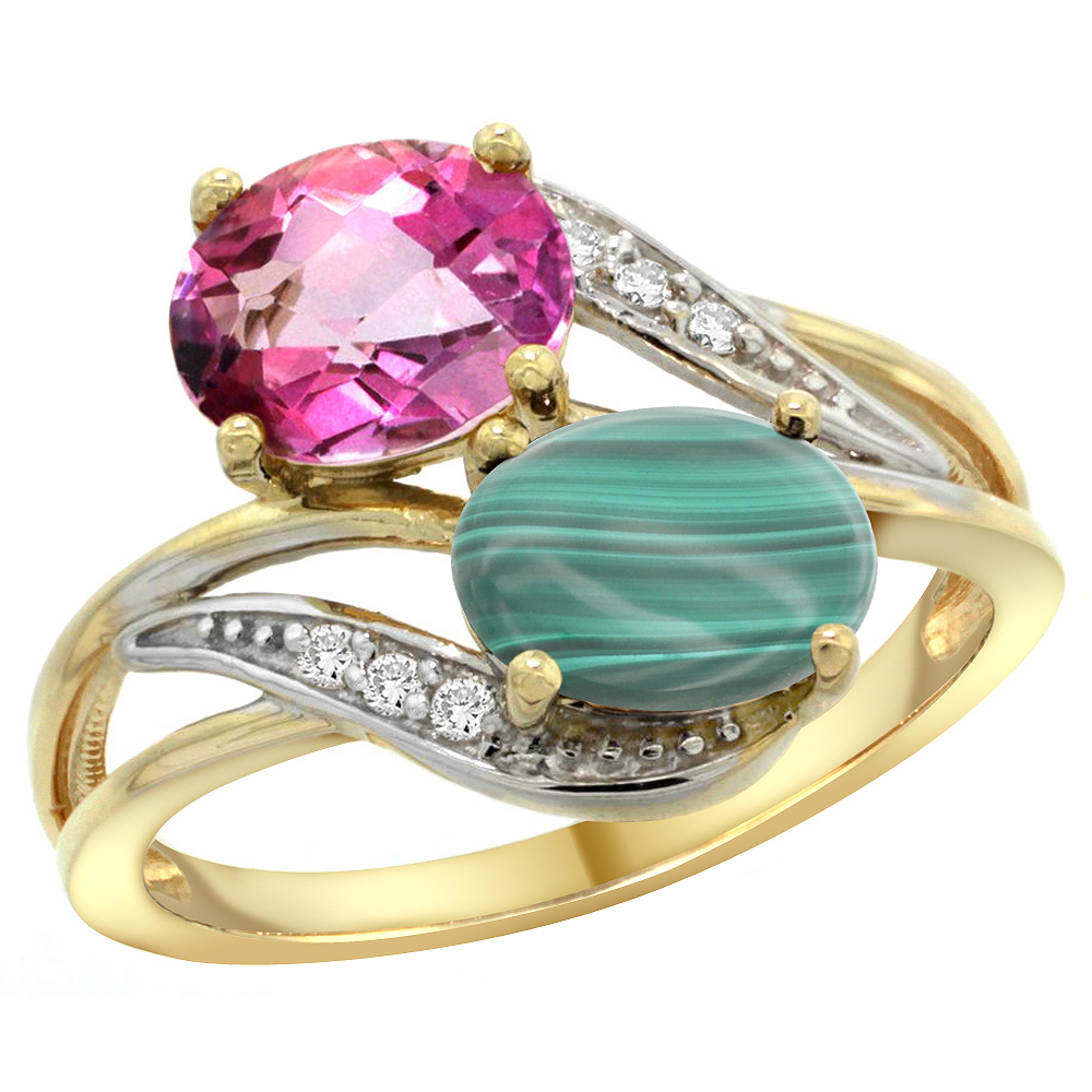 14K Yellow Gold Diamond Natural Pink Topaz &amp; Malachite 2-stone Ring Oval 8x6mm, sizes 5 - 10