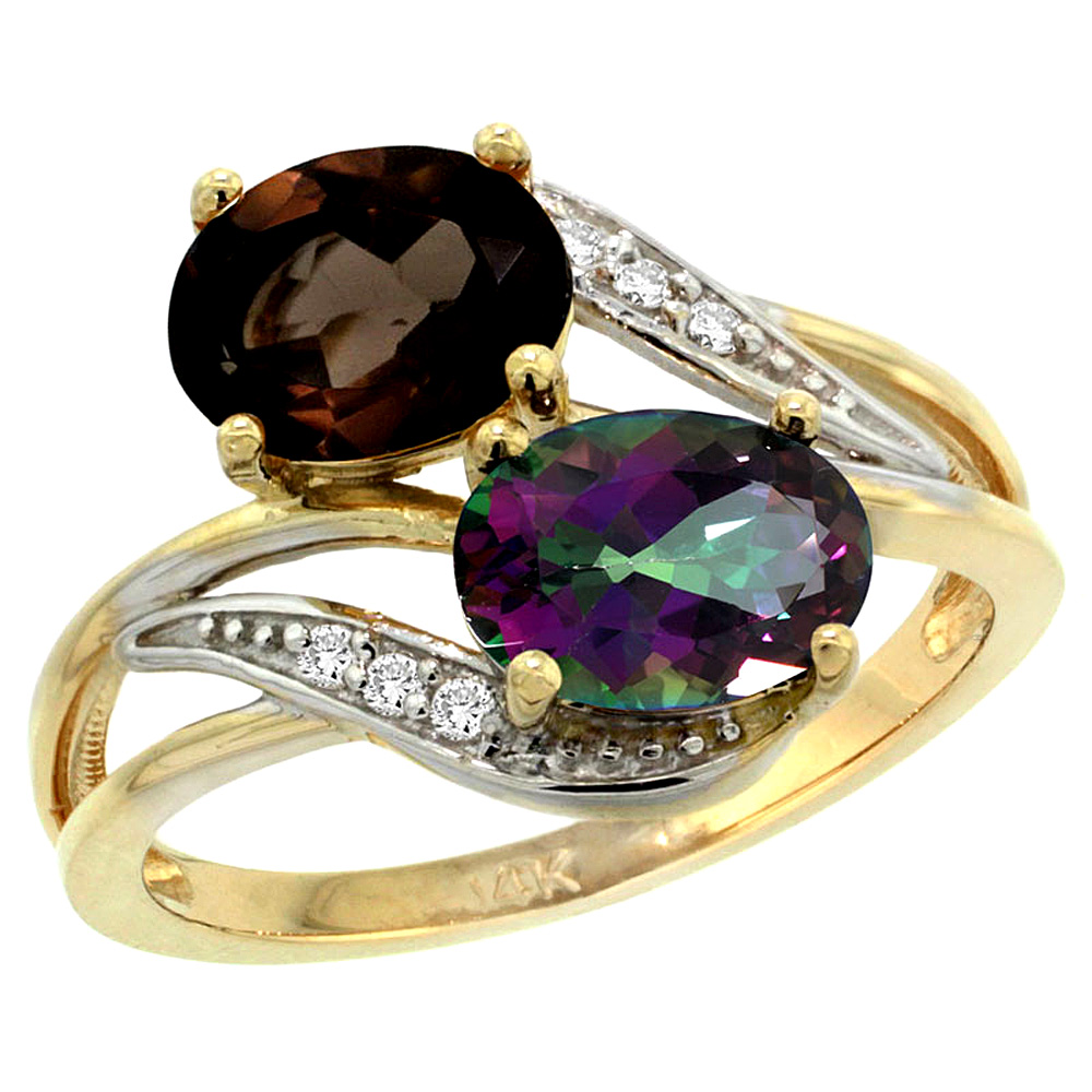 14K Yellow Gold Diamond Natural Smoky &amp; Mystic Topaz 2-stone Ring Oval 8x6mm, sizes 5 - 10