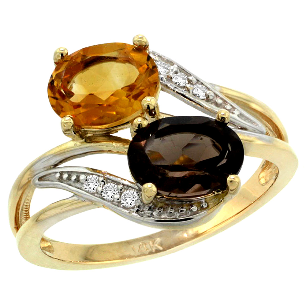 14K Yellow Gold Diamond Natural Smoky Topaz &amp; Citrine 2-stone Ring Oval 8x6mm, sizes 5 - 10