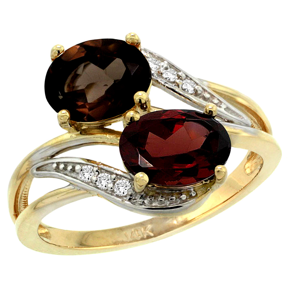 14K Yellow Gold Diamond Natural Smoky Topaz &amp; Garnet 2-stone Ring Oval 8x6mm, sizes 5 - 10