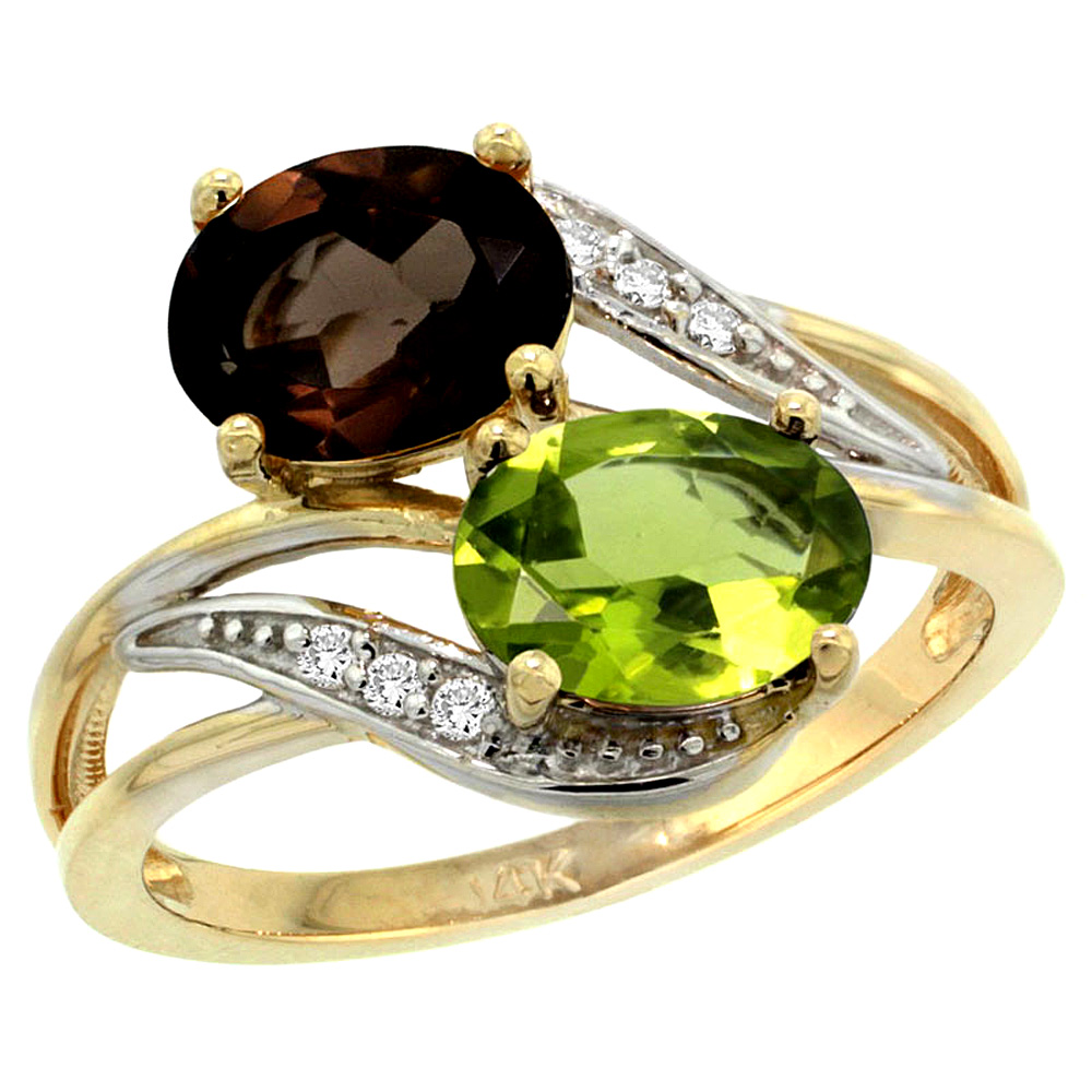 14K Yellow Gold Diamond Natural Smoky Topaz &amp; Peridot 2-stone Ring Oval 8x6mm, sizes 5 - 10