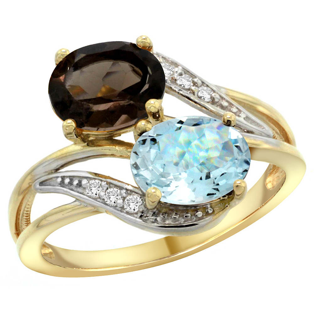 14K Yellow Gold Diamond Natural Smoky Topaz &amp; Aquamarine 2-stone Ring Oval 8x6mm, sizes 5 - 10