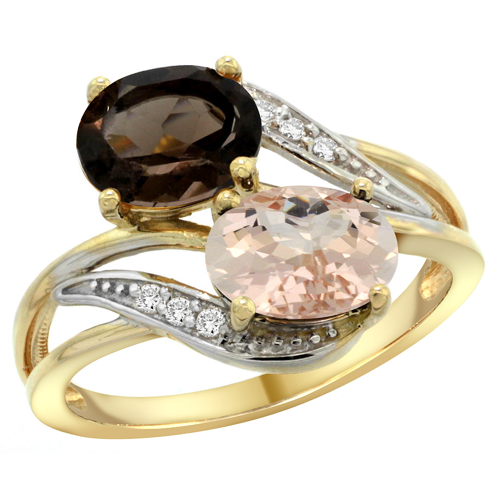 14K Yellow Gold Diamond Natural Smoky Topaz &amp; Morganite 2-stone Ring Oval 8x6mm, sizes 5 - 10