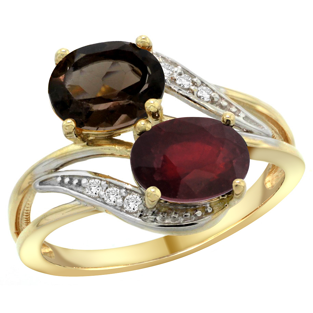 14K Yellow Gold Diamond Natural Smoky Topaz &amp; Enhanced Ruby 2-stone Ring Oval 8x6mm, sizes 5 - 10