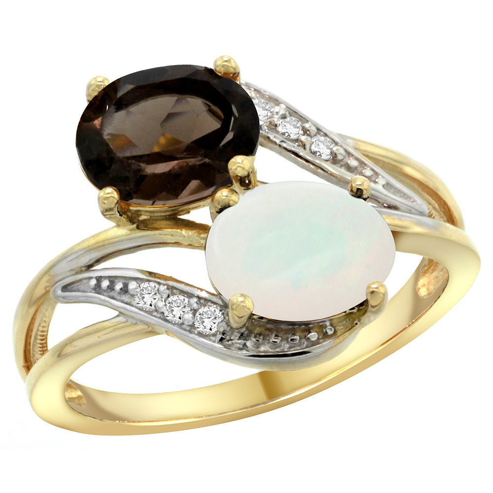 14K Yellow Gold Diamond Natural Smoky Topaz &amp; Opal 2-stone Ring Oval 8x6mm, sizes 5 - 10