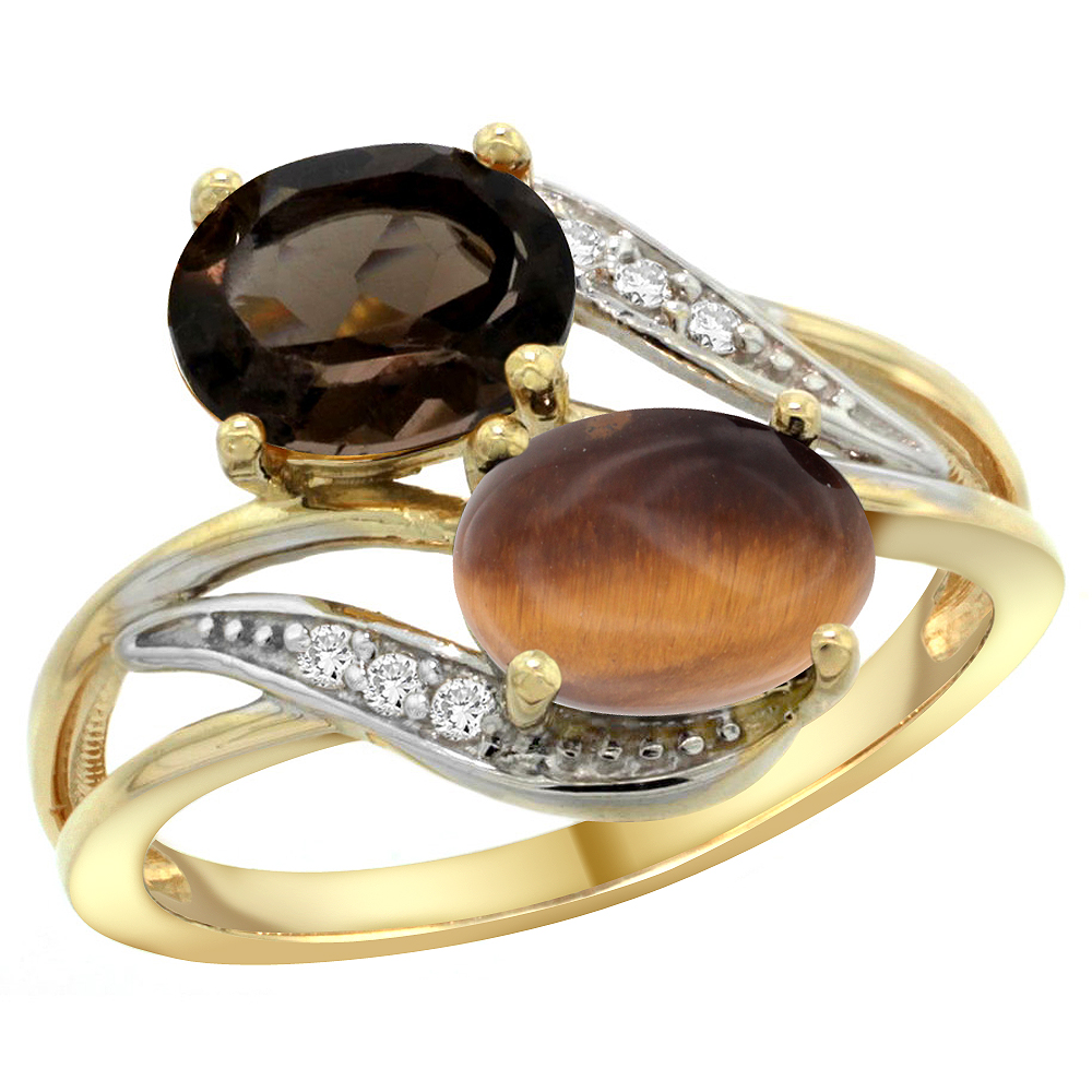 14K Yellow Gold Diamond Natural Smoky Topaz & Tiger Eye 2-stone Ring Oval 8x6mm, sizes 5 - 10