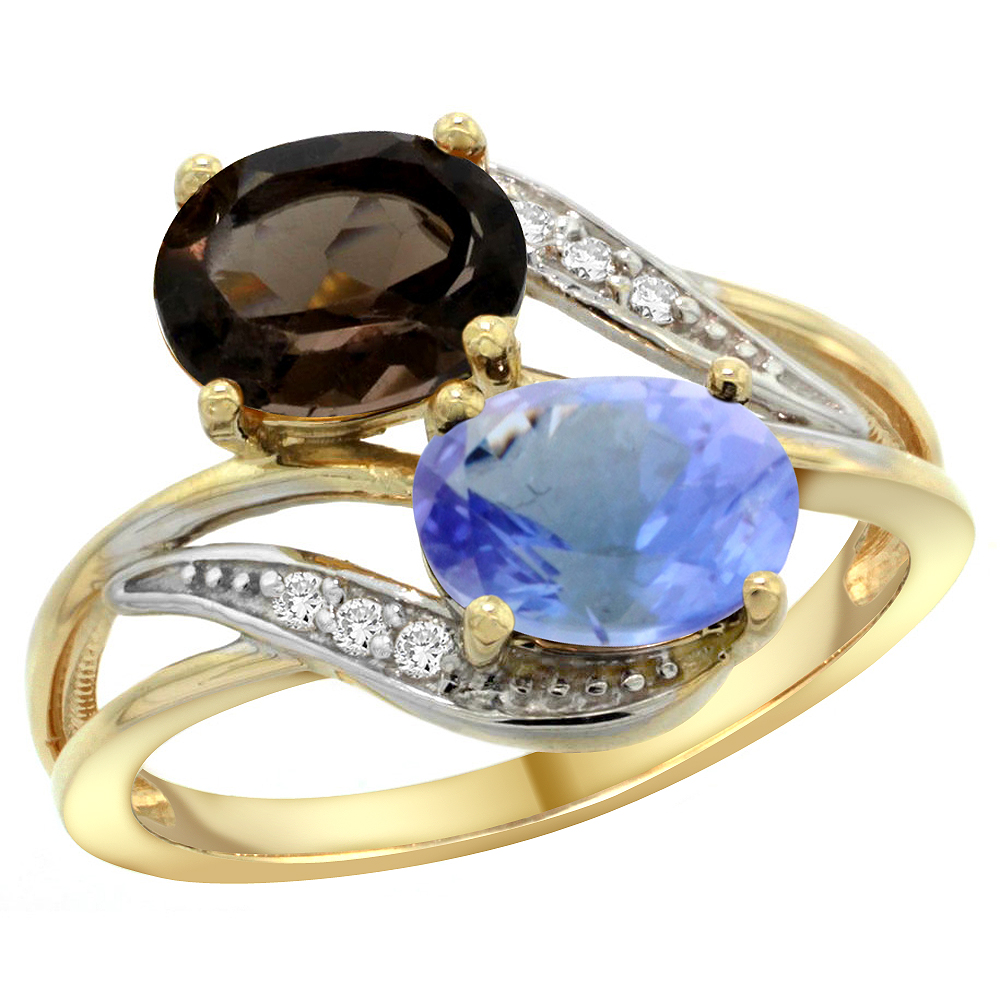 14K Yellow Gold Diamond Natural Smoky Topaz &amp; Tanzanite 2-stone Ring Oval 8x6mm, sizes 5 - 10