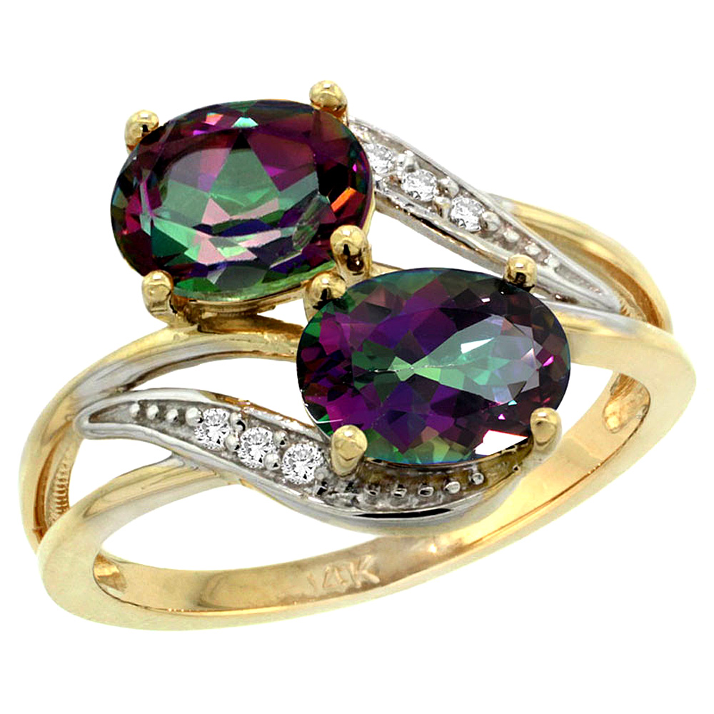 14K Yellow Gold Diamond Natural Mystic Topaz 2-stone Ring Oval 8x6mm, sizes 5 - 10