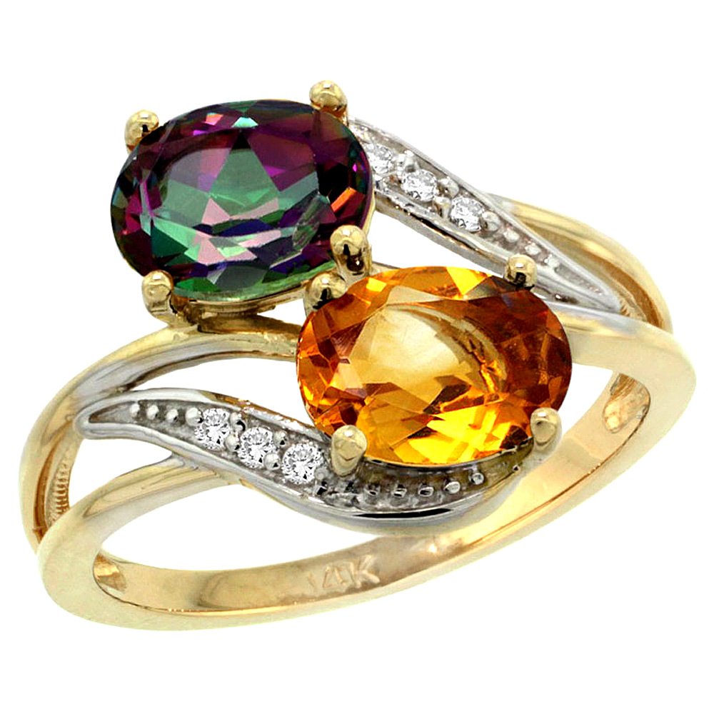 14K Yellow Gold Diamond Natural Mystic Topaz &amp; Citrine 2-stone Ring Oval 8x6mm, sizes 5 - 10