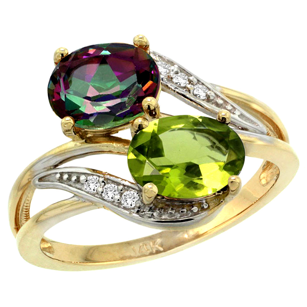 14K Yellow Gold Diamond Natural Mystic Topaz &amp; Peridot 2-stone Ring Oval 8x6mm, sizes 5 - 10