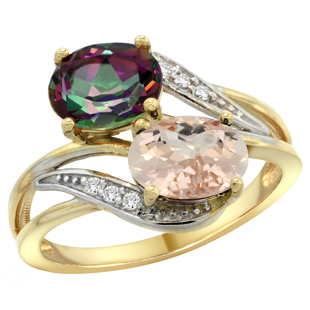 14K Yellow Gold Diamond Natural Mystic Topaz &amp; Morganite 2-stone Ring Oval 8x6mm, sizes 5 - 10