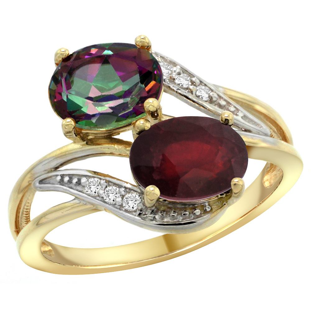 14K Yellow Gold Diamond Natural Mystic Topaz &amp; Enhanced Ruby 2-stone Ring Oval 8x6mm, sizes 5 - 10