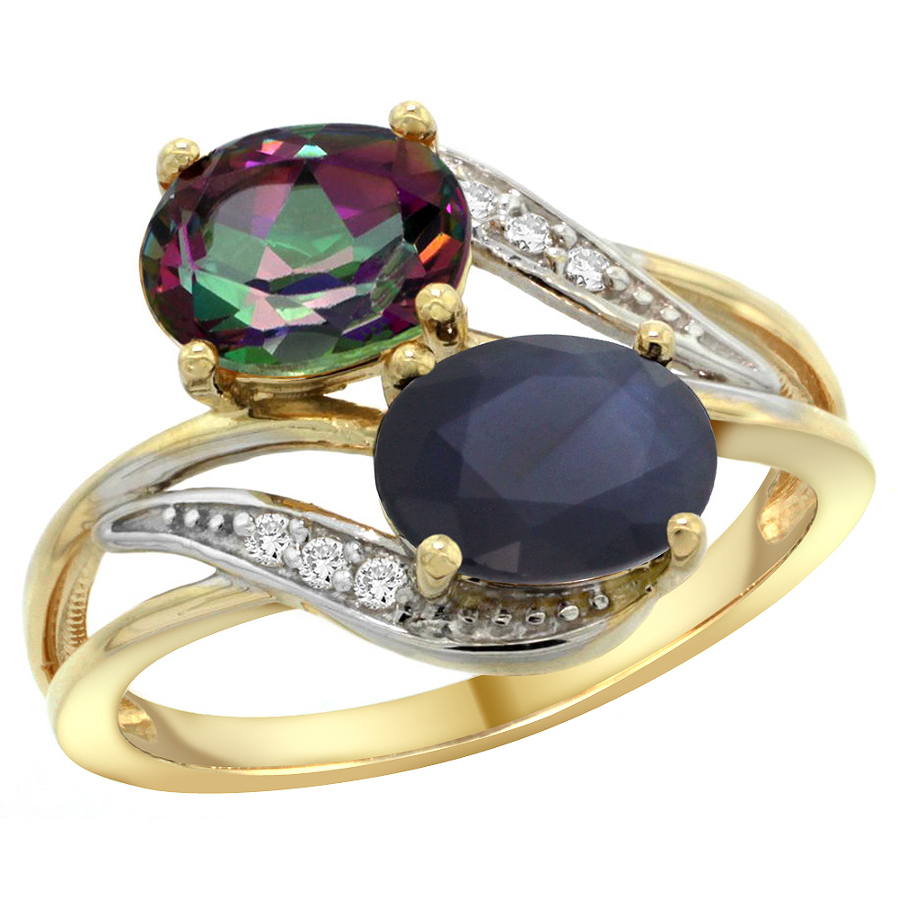 14K Yellow Gold Diamond Natural Mystic Topaz &amp; Blue Sapphire 2-stone Ring Oval 8x6mm, sizes 5 - 10