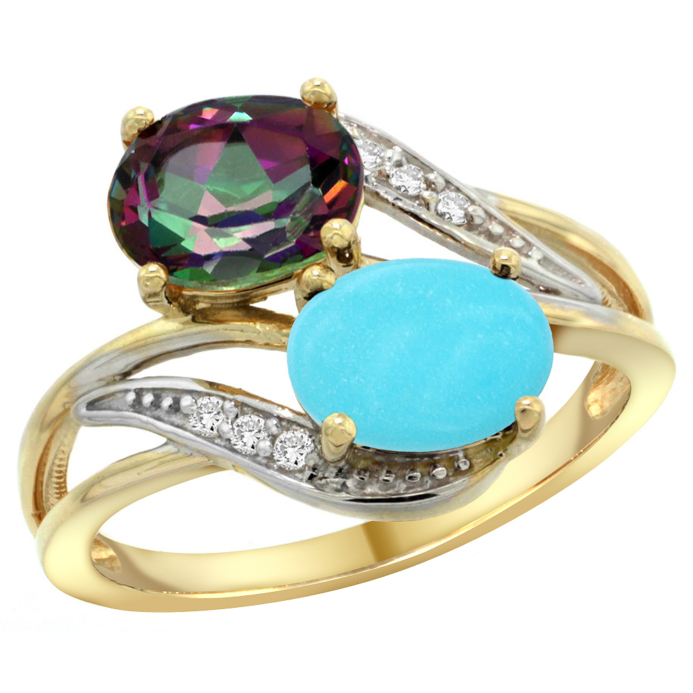 14K Yellow Gold Diamond Natural Mystic Topaz &amp; Turquoise 2-stone Ring Oval 8x6mm, sizes 5 - 10