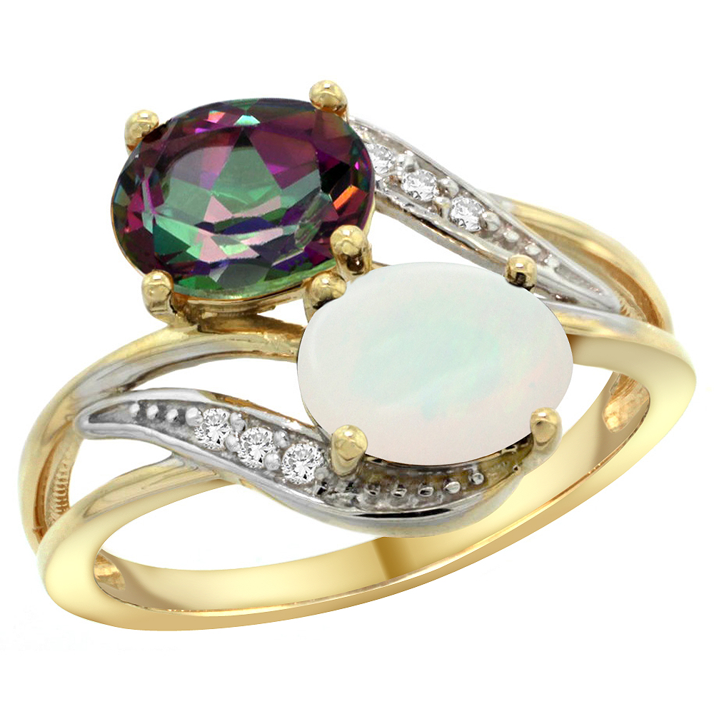 14K Yellow Gold Diamond Natural Mystic Topaz &amp; Opal 2-stone Ring Oval 8x6mm, sizes 5 - 10