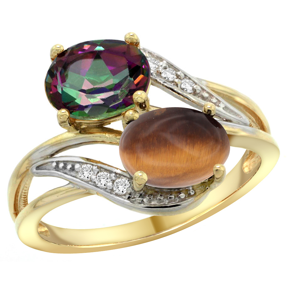 14K Yellow Gold Diamond Natural Mystic Topaz &amp; Tiger Eye 2-stone Ring Oval 8x6mm, sizes 5 - 10