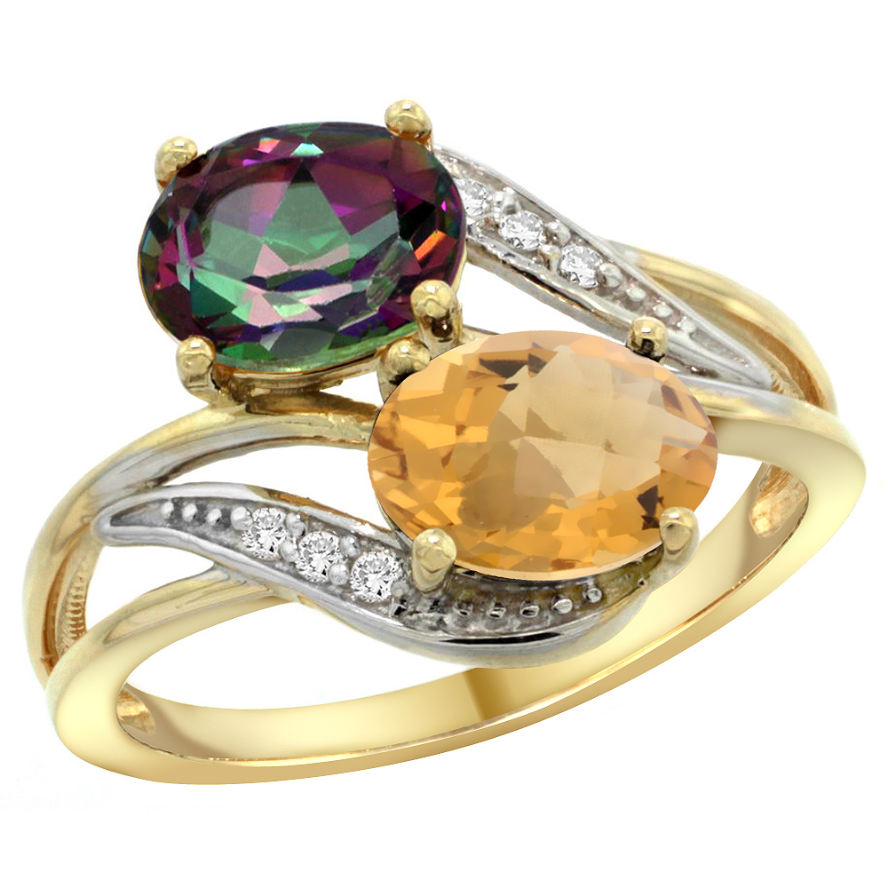 14K Yellow Gold Diamond Natural Mystic Topaz &amp; Whisky Quartz 2-stone Ring Oval 8x6mm, sizes 5 - 10