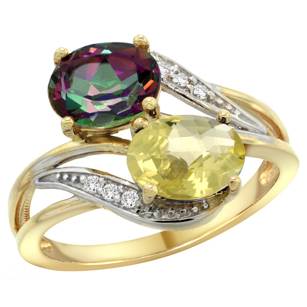 14K Yellow Gold Diamond Natural Mystic Topaz & Lemon Quartz 2-stone Ring Oval 8x6mm, sizes 5 - 10