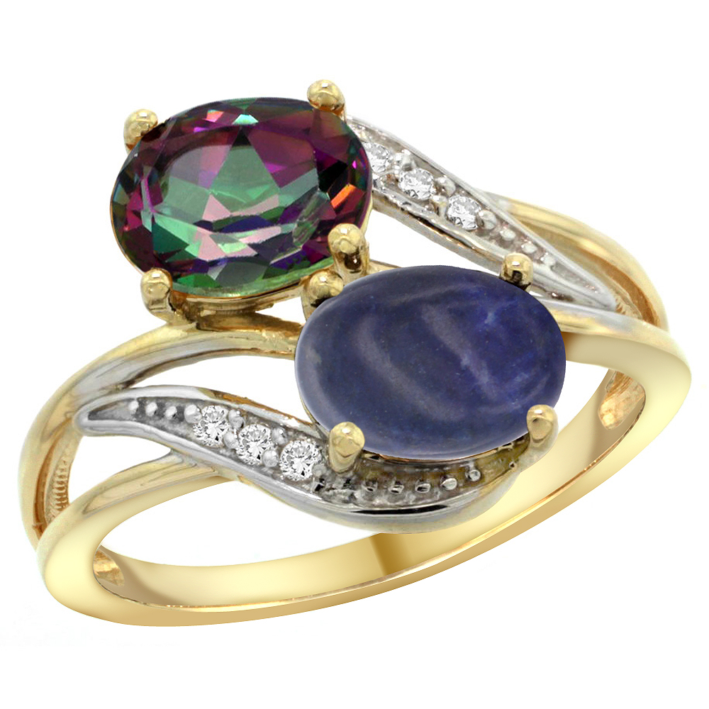 14K Yellow Gold Diamond Natural Mystic Topaz & Lapis 2-stone Ring Oval 8x6mm, sizes 5 - 10