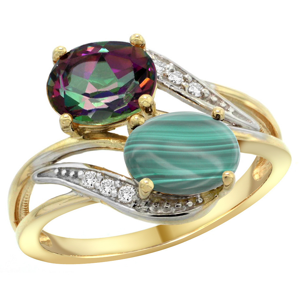 14K Yellow Gold Diamond Natural Mystic Topaz &amp; Malachite 2-stone Ring Oval 8x6mm, sizes 5 - 10