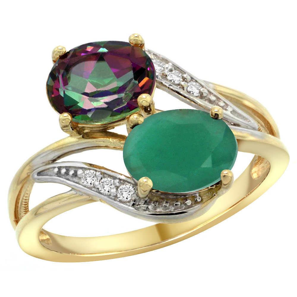 14K Yellow Gold Diamond Natural Mystic Topaz &amp; Quality Emerald 2-stone Mothers Ring Oval 8x6mm, sz 5 - 10