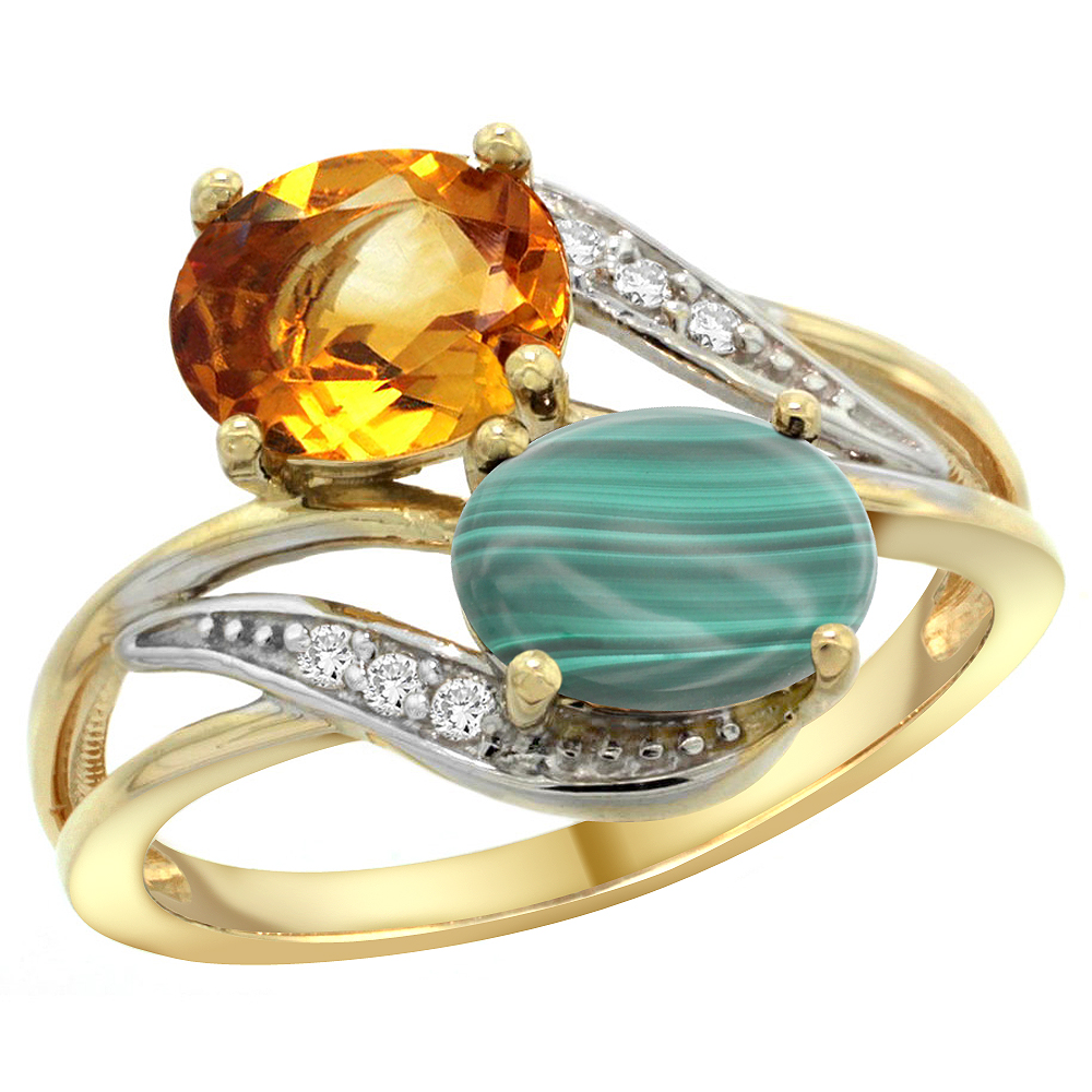 14K Yellow Gold Diamond Natural Citrine &amp; Malachite 2-stone Ring Oval 8x6mm, sizes 5 - 10