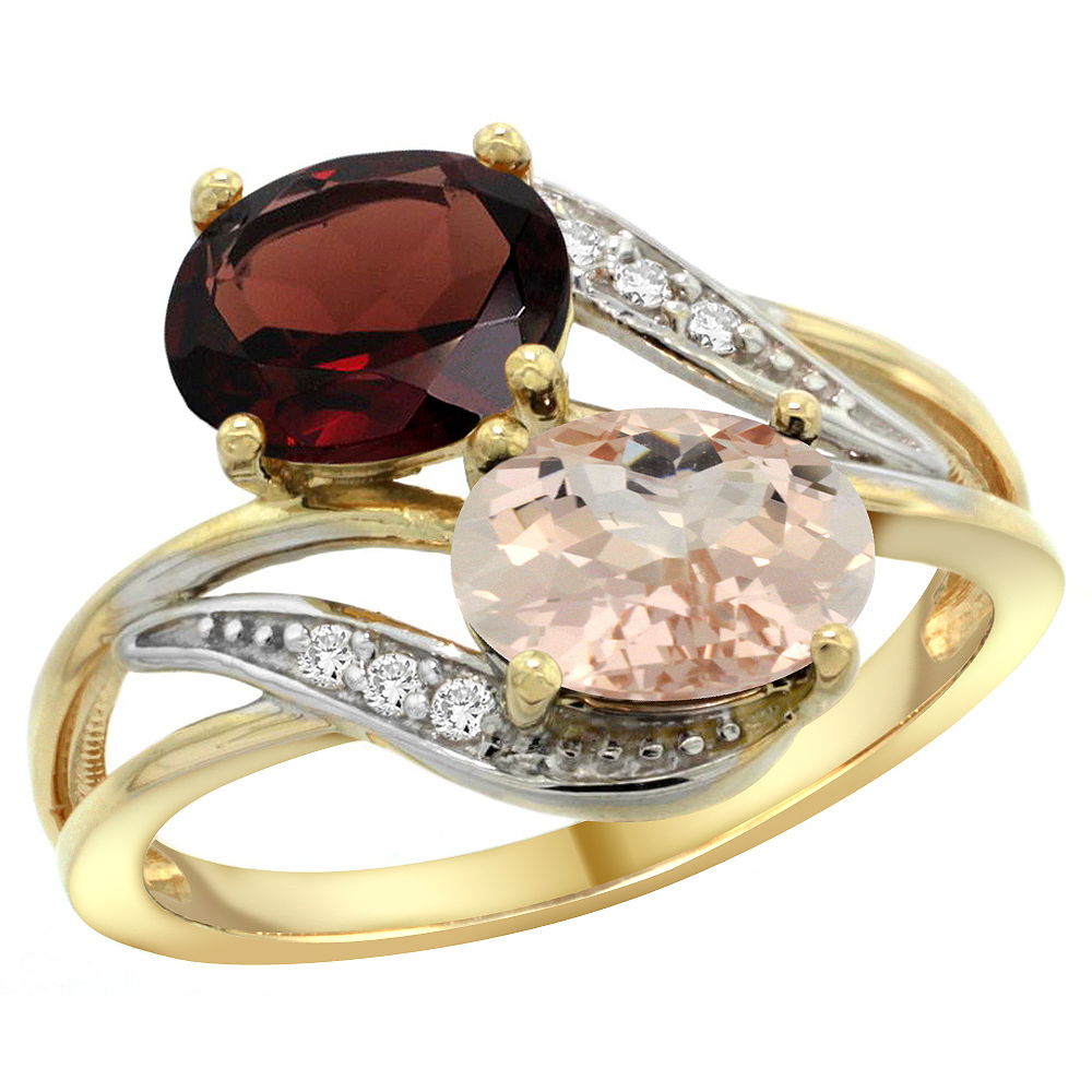 14K Yellow Gold Diamond Natural Garnet &amp; Morganite 2-stone Ring Oval 8x6mm, sizes 5 - 10