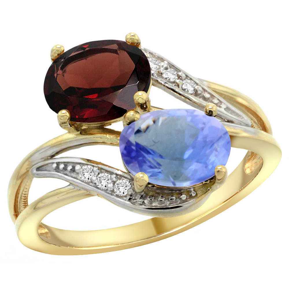 14K Yellow Gold Diamond Natural Garnet &amp; Tanzanite 2-stone Ring Oval 8x6mm, sizes 5 - 10