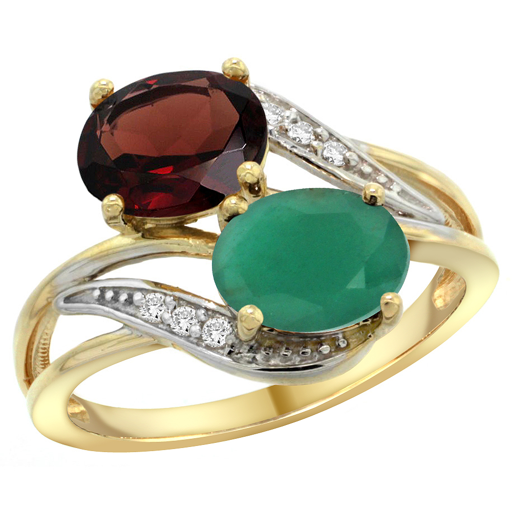 14K Yellow Gold Diamond Natural Garnet &amp; Quality Emerald 2-stone Mothers Ring Oval 8x6mm, size 5 - 10