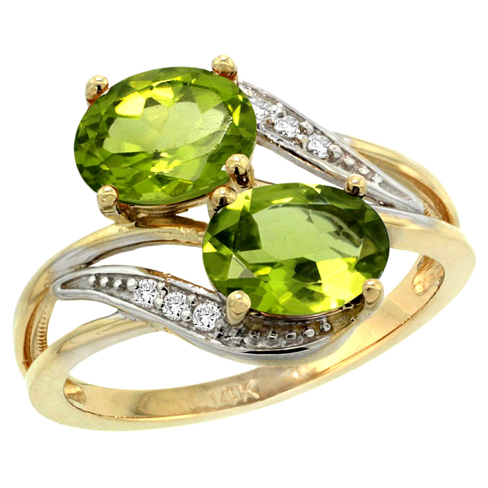 14K Yellow Gold Diamond Natural Peridot 2-stone Ring Oval 8x6mm, sizes 5 - 10