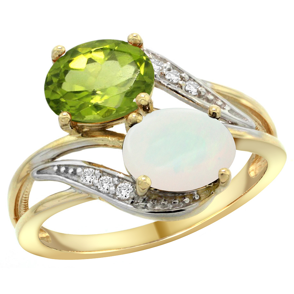 14K Yellow Gold Diamond Natural Peridot &amp; Opal 2-stone Ring Oval 8x6mm, sizes 5 - 10