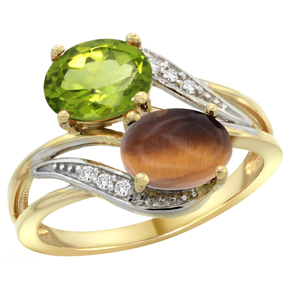 14K Yellow Gold Diamond Natural Peridot &amp; Tiger Eye 2-stone Ring Oval 8x6mm, sizes 5 - 10