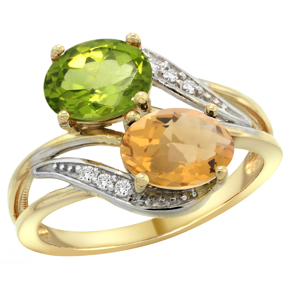 14K Yellow Gold Diamond Natural Peridot &amp; Whisky Quartz 2-stone Ring Oval 8x6mm, sizes 5 - 10