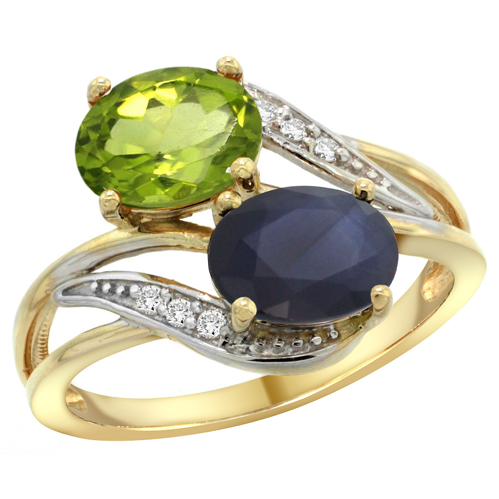 14K Yellow Gold Diamond Natural Peridot &amp; Australian Sapphire 2-stone Ring Oval 8x6mm, sizes 5 - 10