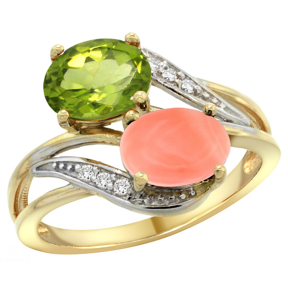 14K Yellow Gold Diamond Natural Peridot & Coral 2-stone Ring Oval 8x6mm, sizes 5 - 10