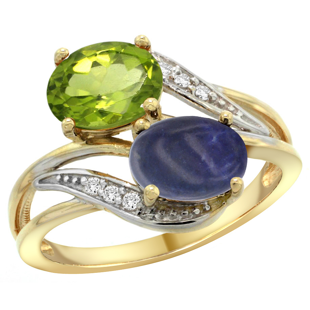 14K Yellow Gold Diamond Natural Peridot &amp; Lapis 2-stone Ring Oval 8x6mm, sizes 5 - 10