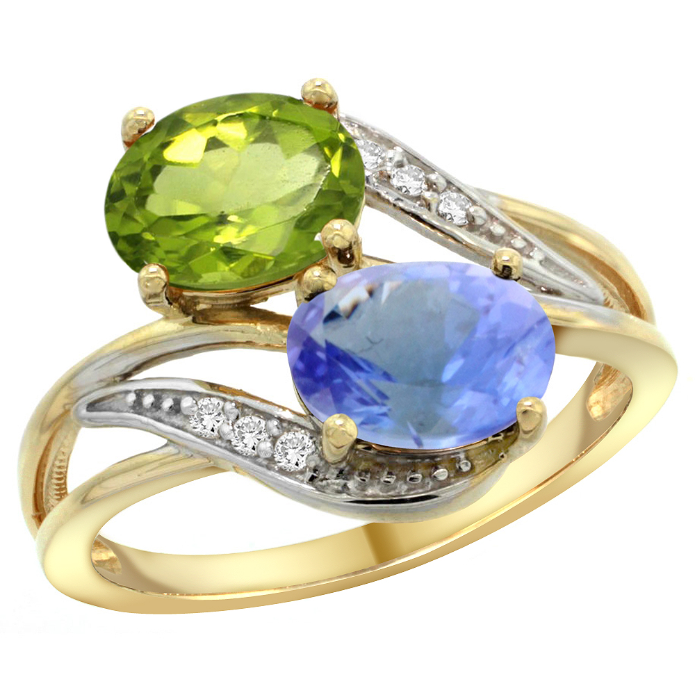 14K Yellow Gold Diamond Natural Peridot &amp; Tanzanite 2-stone Ring Oval 8x6mm, sizes 5 - 10